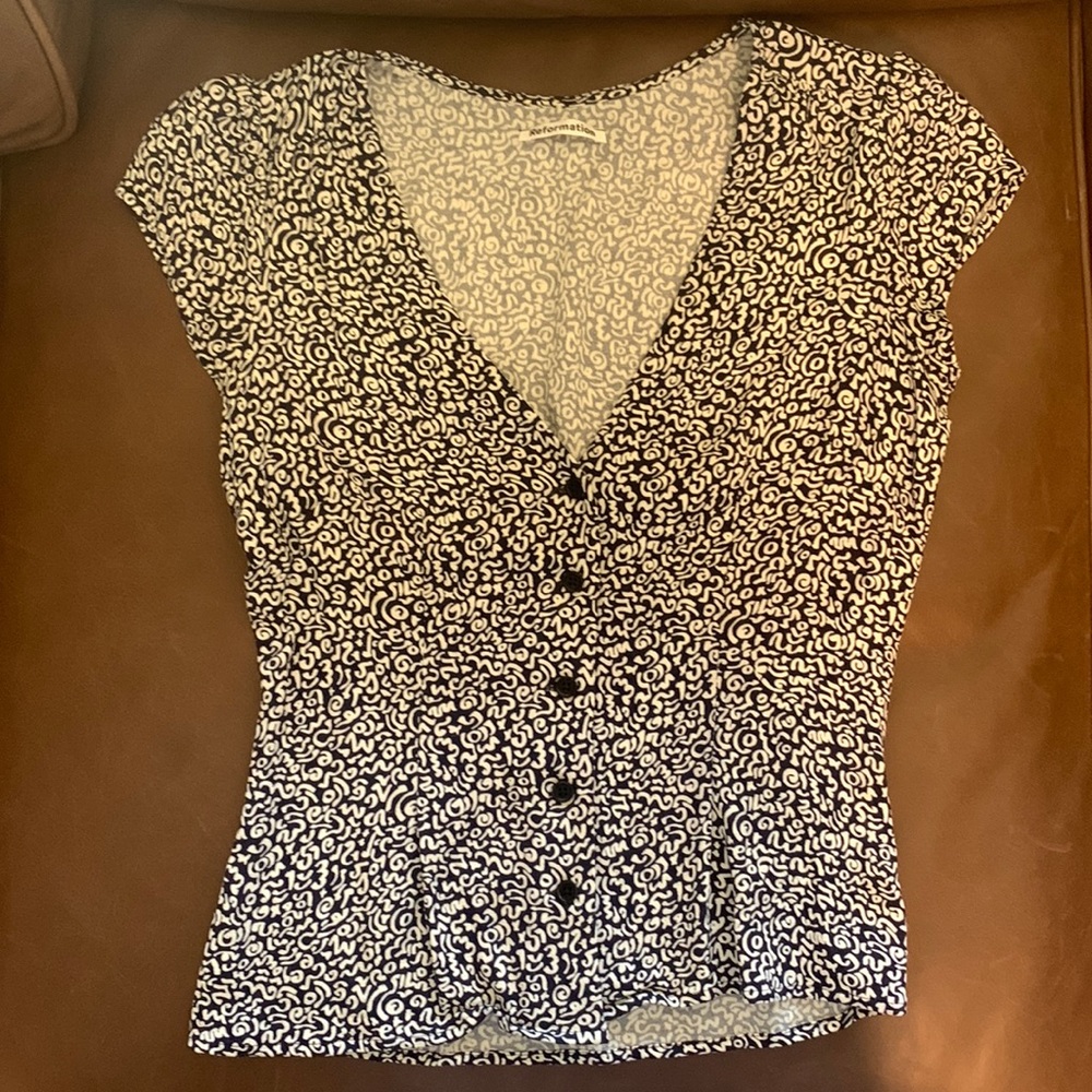 Reformation navy blue and white short sleeve button down top